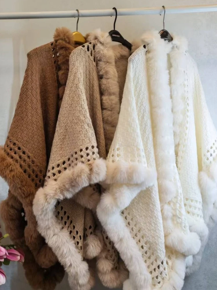 Autumn and Winter Fur Collar Cape Shawl Solid Color Thickened Warm Women's Shawl Office Air-conditioned House Outdoor Cloak