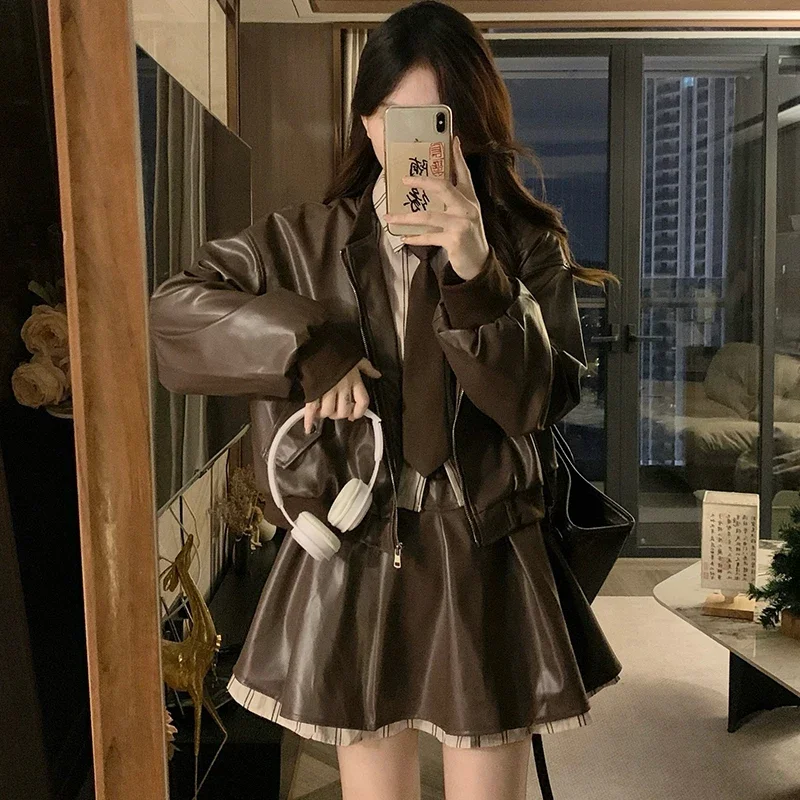 Vintage Turn-Down Collar Coats Skirts Suits Women 2025 Spring Summer Long Sleeve PU Leather Jacket Pleated Skirt