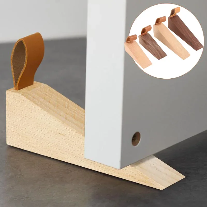 Solid Wood Door Stopper Non-Slip Door Wedges Beech Wood/Black Walnut Wood  with Adhesive Hooks Fit for Door Bottom Seam 1Pc