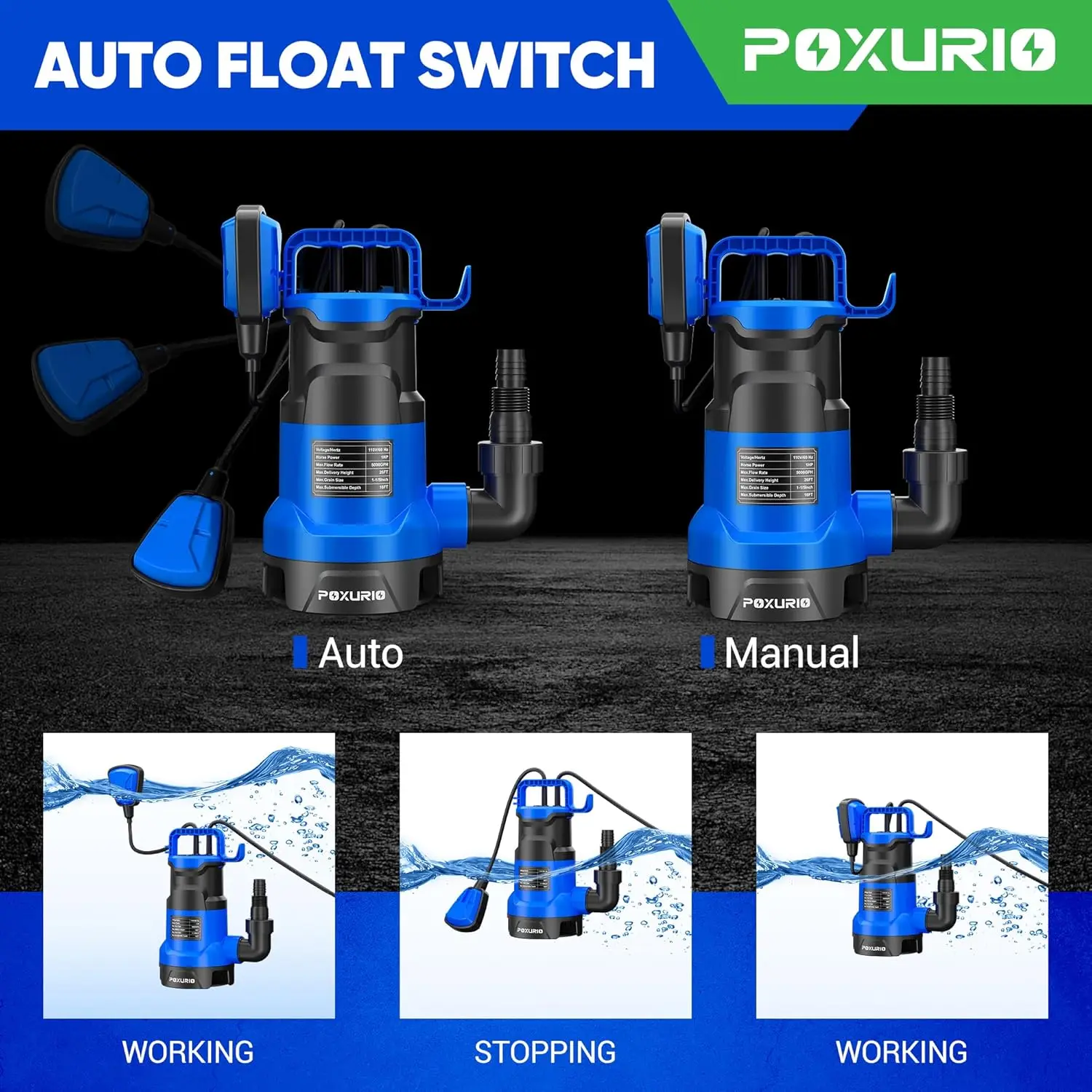 1HP Sump Pump, 5000GPH Automatic Basement Sump Pump with Float Switch, 750W Submersible Utility Water Pump, 26FT Cord for