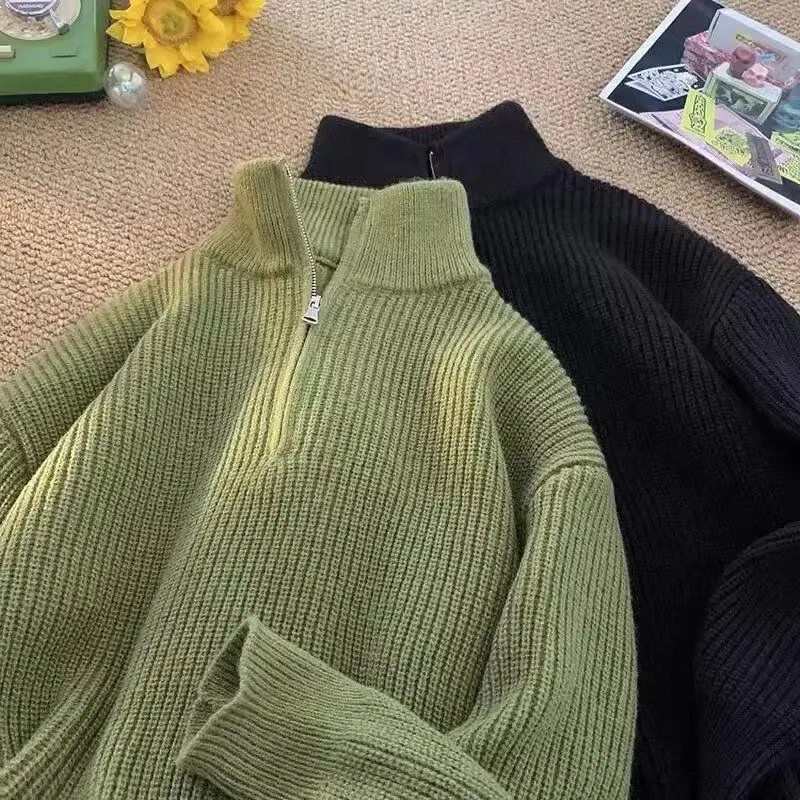 

Autumn Winter Hong Kong Sle Zipper Stand Collar Knitted Sweater Faionable Casual Long Sve Top Coat for Men And Women