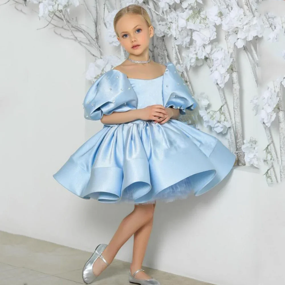 2024 Flower Girl Dress Scoop Neck Puff Girls Party Dresses for Wedding Short Sleeves Satin Kids Christmas Ceremonial Dress