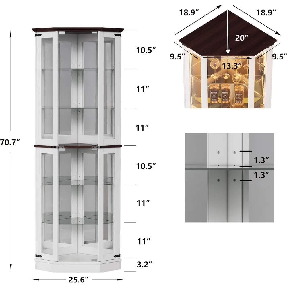 71'' Farmhouse Display Curio Cabinet with LED Lights,6 Shelves,Floor Standing Display Cage Corner Wine Cabinet Storage Rack