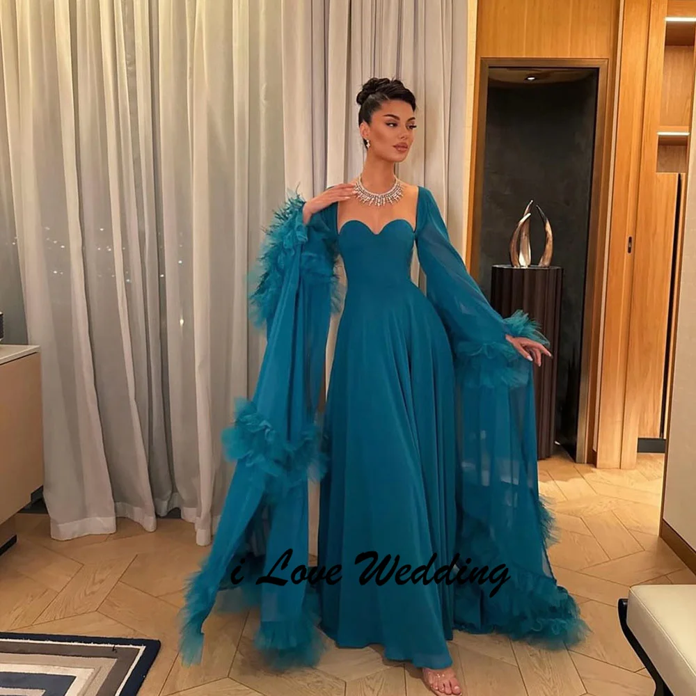 

Sweetheart Collar Chiffon A-line Lace up Back Evening Dress Ruffles Flowing Floor Length Party Gown with Cap Sleeve Custom