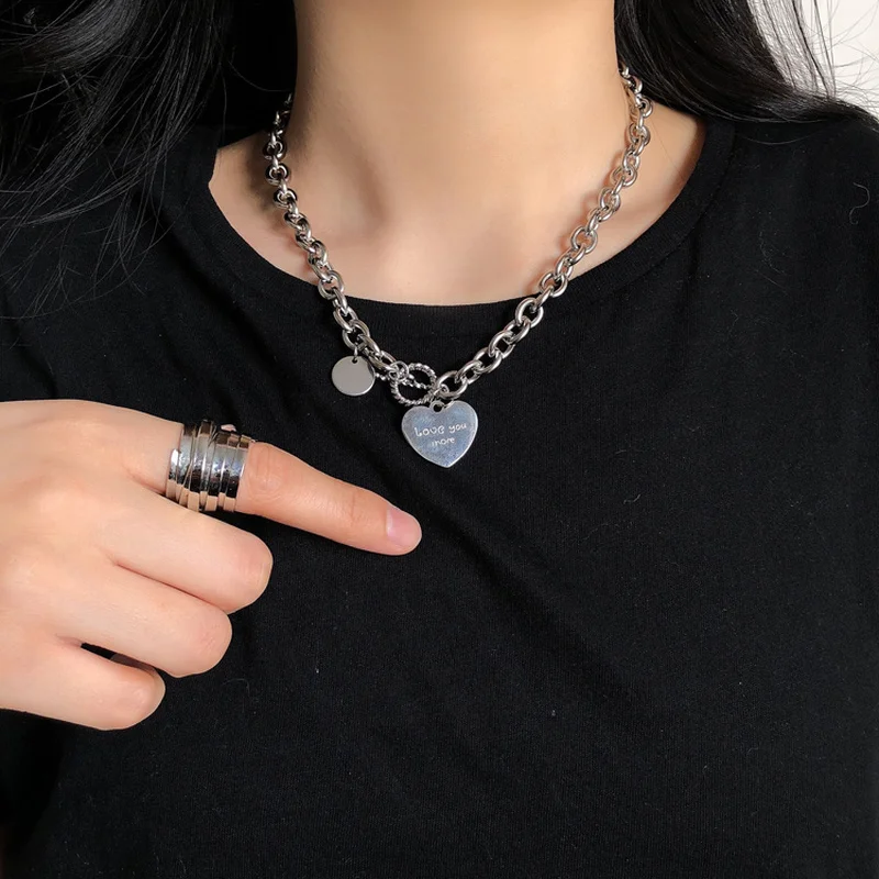 Collar Heart Necklace For Women Punk Stainless Steel Chain Hip Hop Fashion Simple Letter Chokers Statement Goth Jewelry