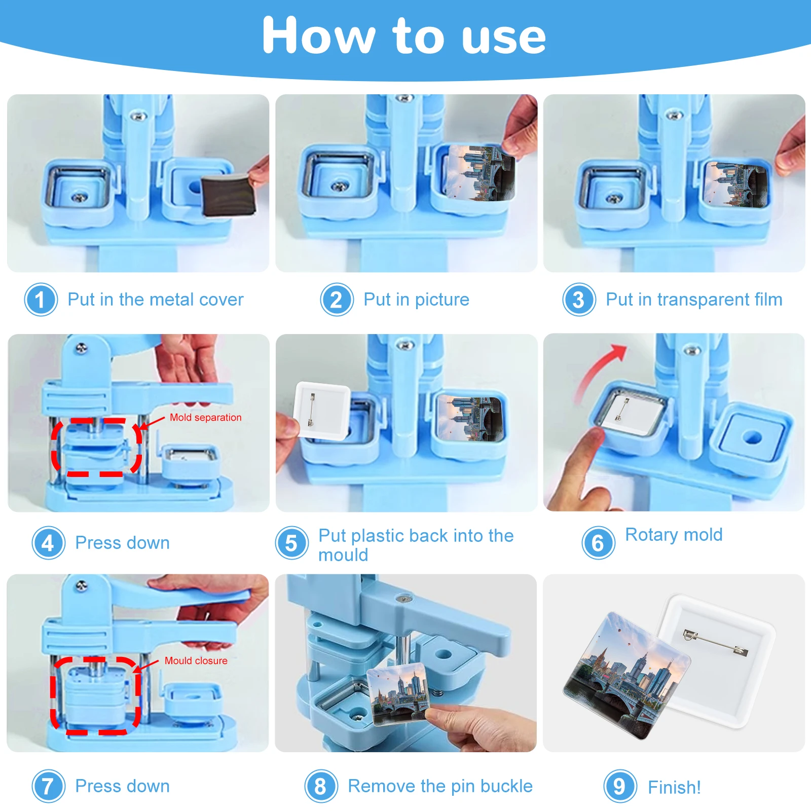Square Button Maker Machine w/100 Sets Button Supplies 50x50mm Hand Press Pin Badge Making Kit High Success Rate Easy to use