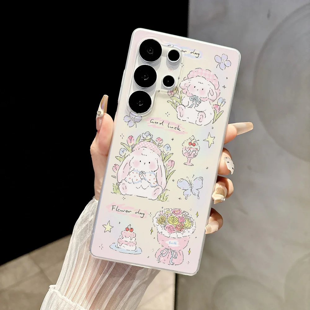 Matte White Clear Phone Case for Samsung Galaxy S26 S25 Ultra S24 FE A57 5G A07 A06 A15 4G Cases Garden Bunnies Journal Style