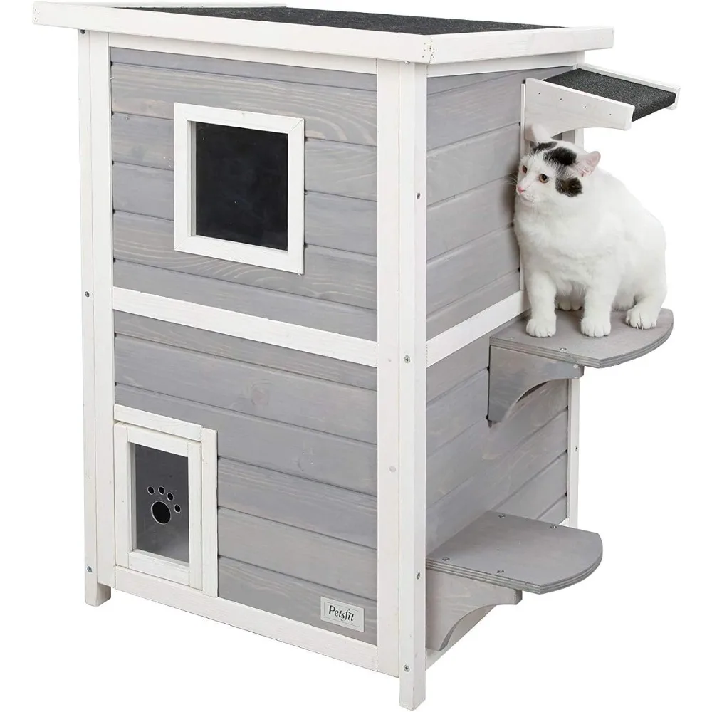 

Outdoor Cat House, 2 Story Outside Cat Shelter Condo Enclosure with Escape Door for Stray Feral Cats Weatherproof