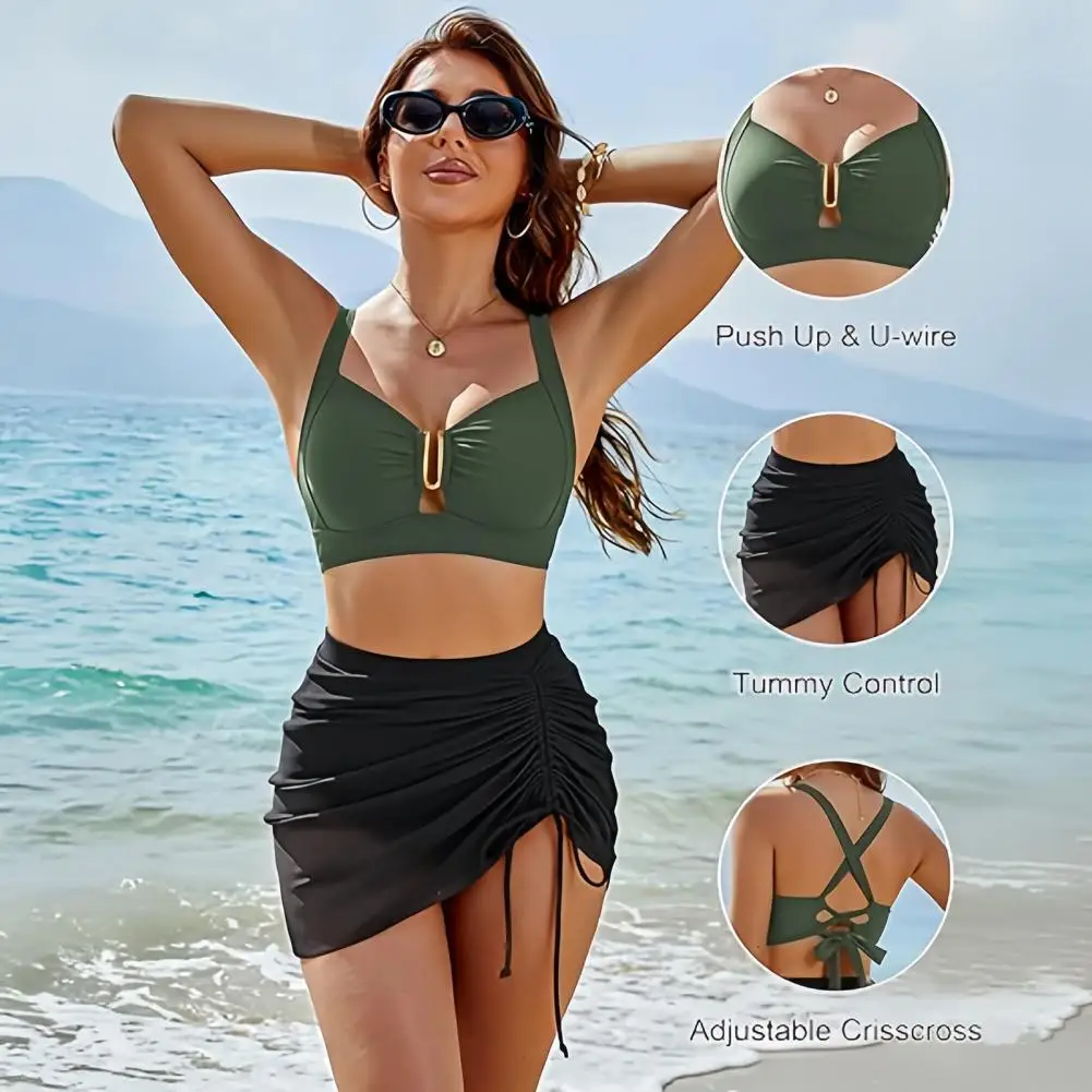 Padded Bikini Top Women Two Piece Bikini Set with U-wire Push-up Top Drawstring Tummy Control Swimsuit Summer Beach Pool Bathing