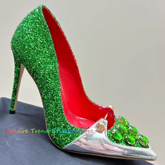 

Luxurious Pointed High Heels Pumps Women Slim Heel Rhinestone Shallow Cut Single Shoes Elegent Green Crystal Dress Shoes