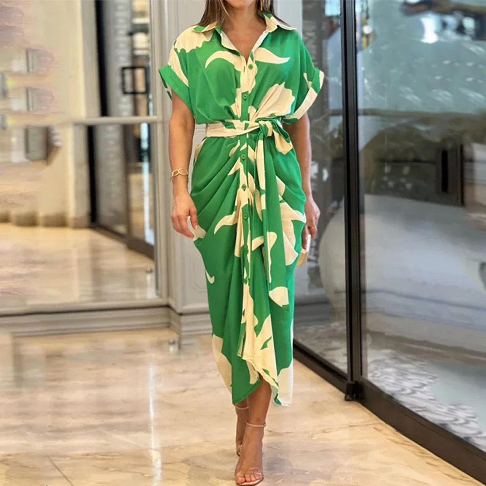 

Women Elegant Shirt Dress Summer Vintage Printed Button Ruched Bandage Dress Female Solid V Neck Beach Long Dresses Casual Robe