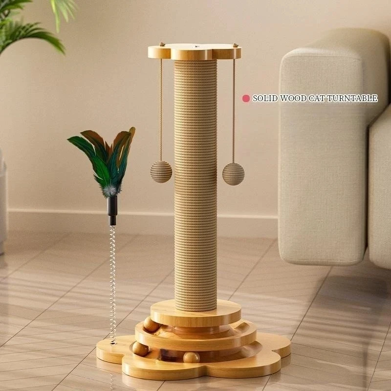 Pet Cat Toy Solid Wood Cat Turntable Funny Cat Stick  Balls Durable Sisal Scratching Board Cat Supplies Cat Grab Column Catnap