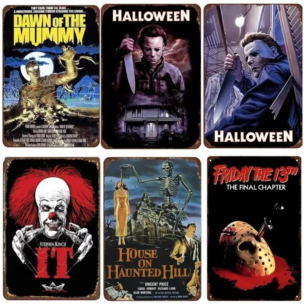 Retro Halloween Metal Sign Horror Movie Theme Shabby Iron Painting Signs Wall Art for Man Cave Film Theater Club Home Decoration