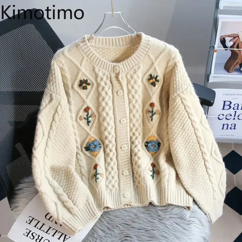 Kimotimo Vintage 3D Hook Flower Embroidery Sweater Coat Women Japan Sweet Thick Loose Round Neck Knitted Cardigan Autumn Winter