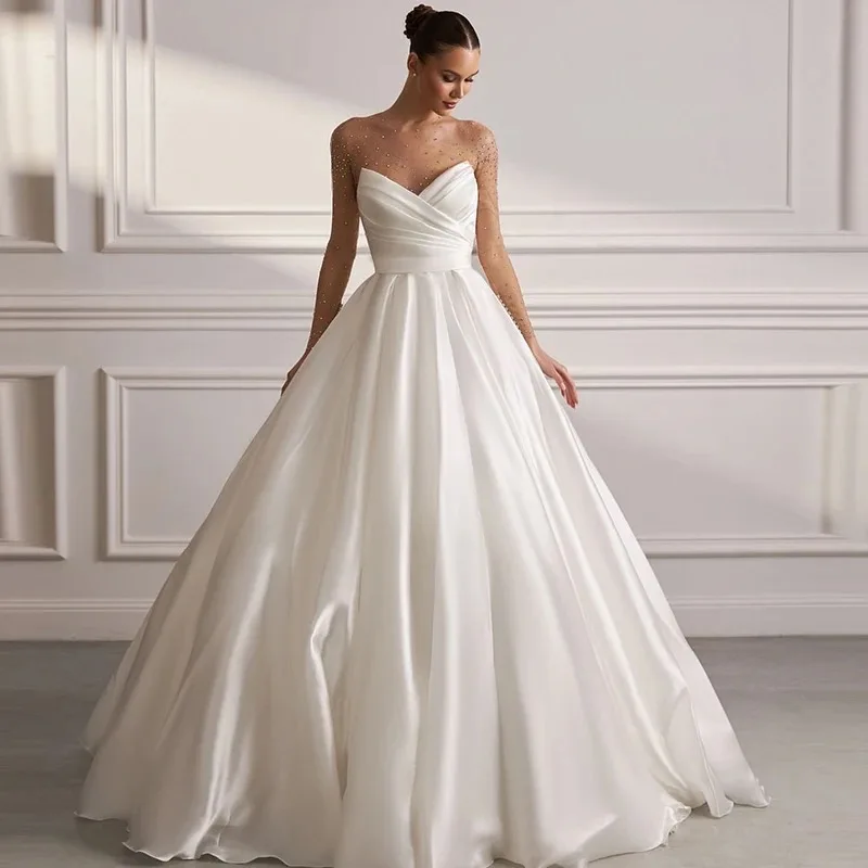 Customiz Satin Ball Gown Wedding Dress Sheer Long Sleeve Beaded Sweetheart BacklessBridal Gown Chapel Train Vestidos De Novia