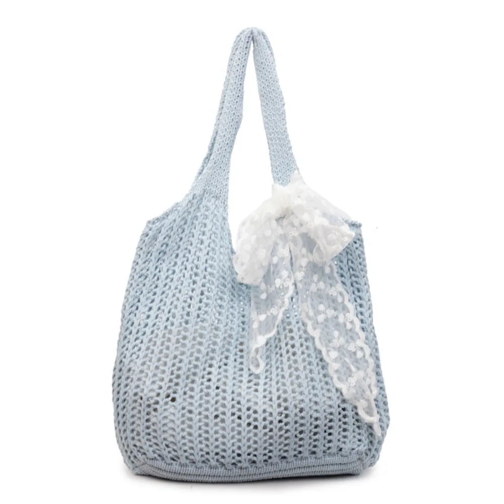 

with Lace Ribbon Solid Color Woven Bag Hollow Out Tote Bag Beach Bag Large Capacity Bohemian Style Hollow Shoulder Bag Holiday