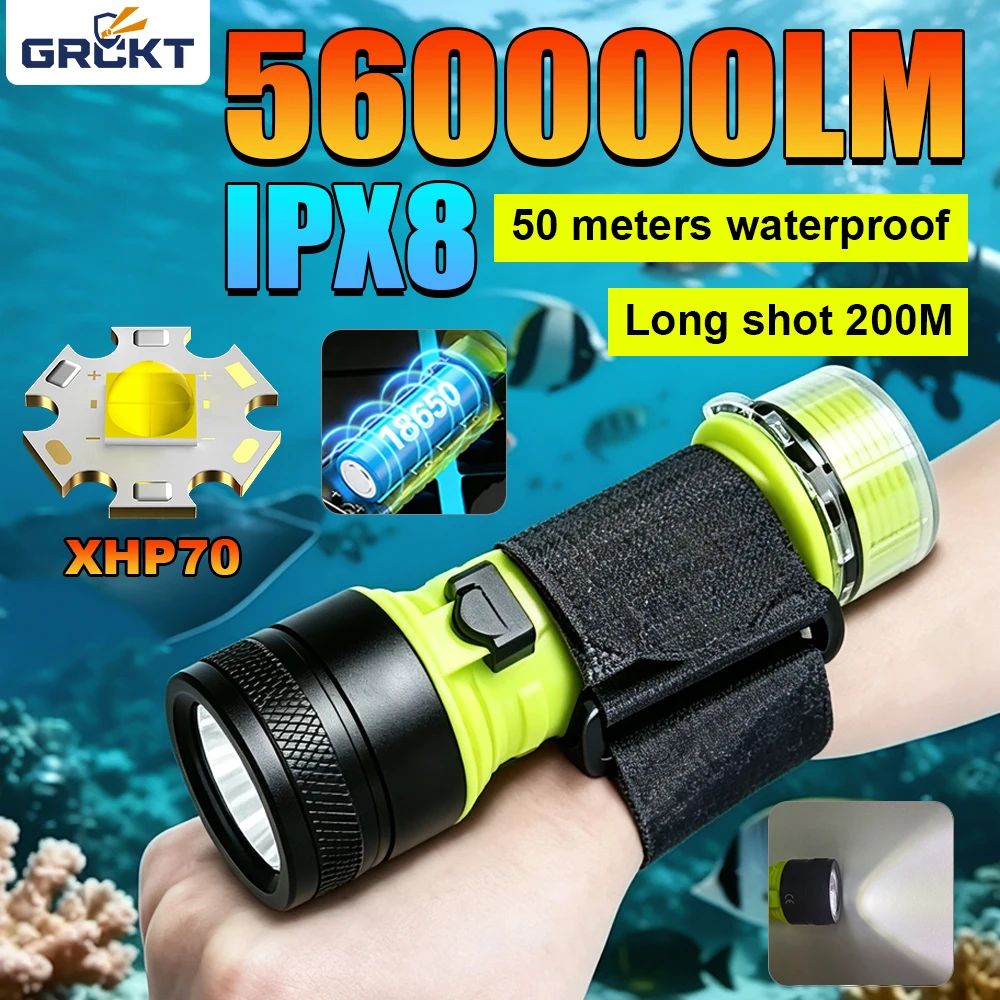 5600000LM Diving Torch Light Waterproof XHP70 LED Underwater Flashlight Diving IPX8 High Power Flashlight Diving Lantern 18650