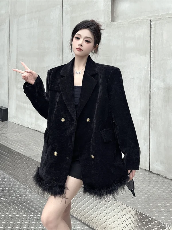 

Ele Luxury 2025 Новый дизайн Костюм с хвостом улитки Джет Свободные сращивания Норка Лоскутная женская деловая одежда Полиэстер Нейлон Com...