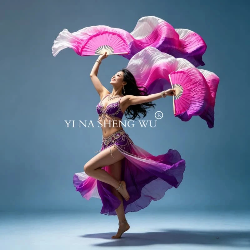 Abanico de Danza del Vientre para Adultos de 150/180 cm, Color Degradado, para Práctica de Danza, Accesorios de Danza Largos, 100% Seda Real, Abanico de Seda para Danza, Abanico Morado