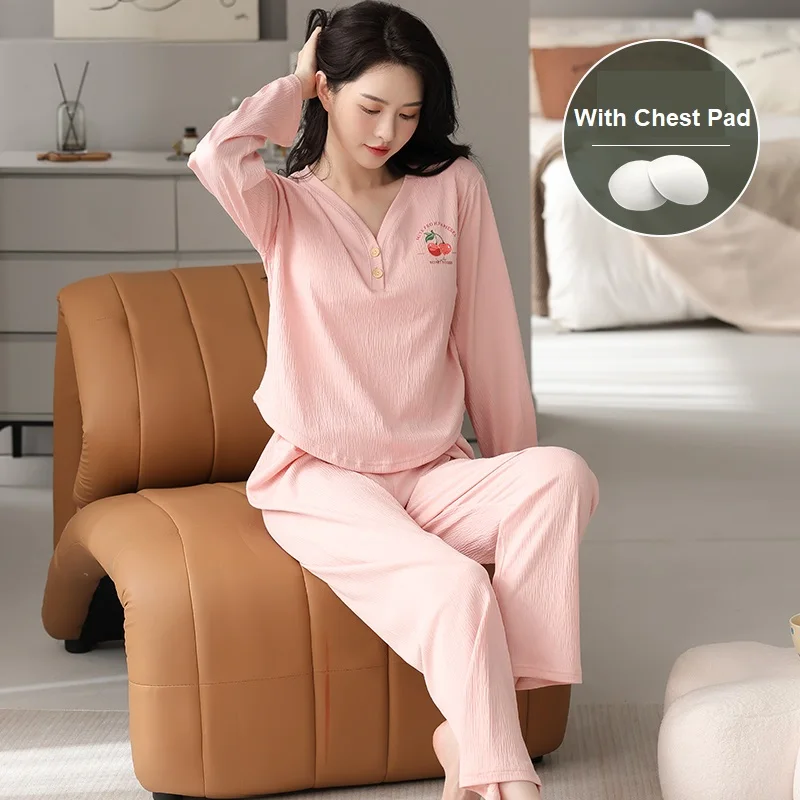 With Chest Pad V-Neck Pajama Sets Women Fruit Pattern 2 Pieces Set Long Sleeve Tops + Pants Elastic Waist Loose Cotton Homewear