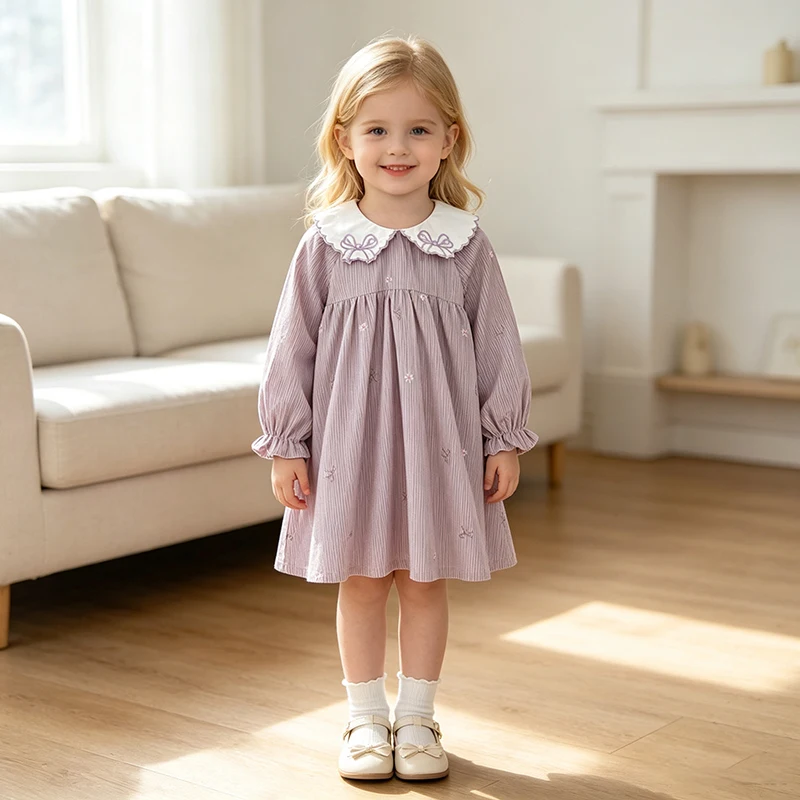 2026 Baby-Mädchen Cordkleid Süße Stickerei Schleife Peter-Pan-Kragen Langarm Prinzessinnenkleid Frühling Winter Lässiges Partykleid – Detail 16