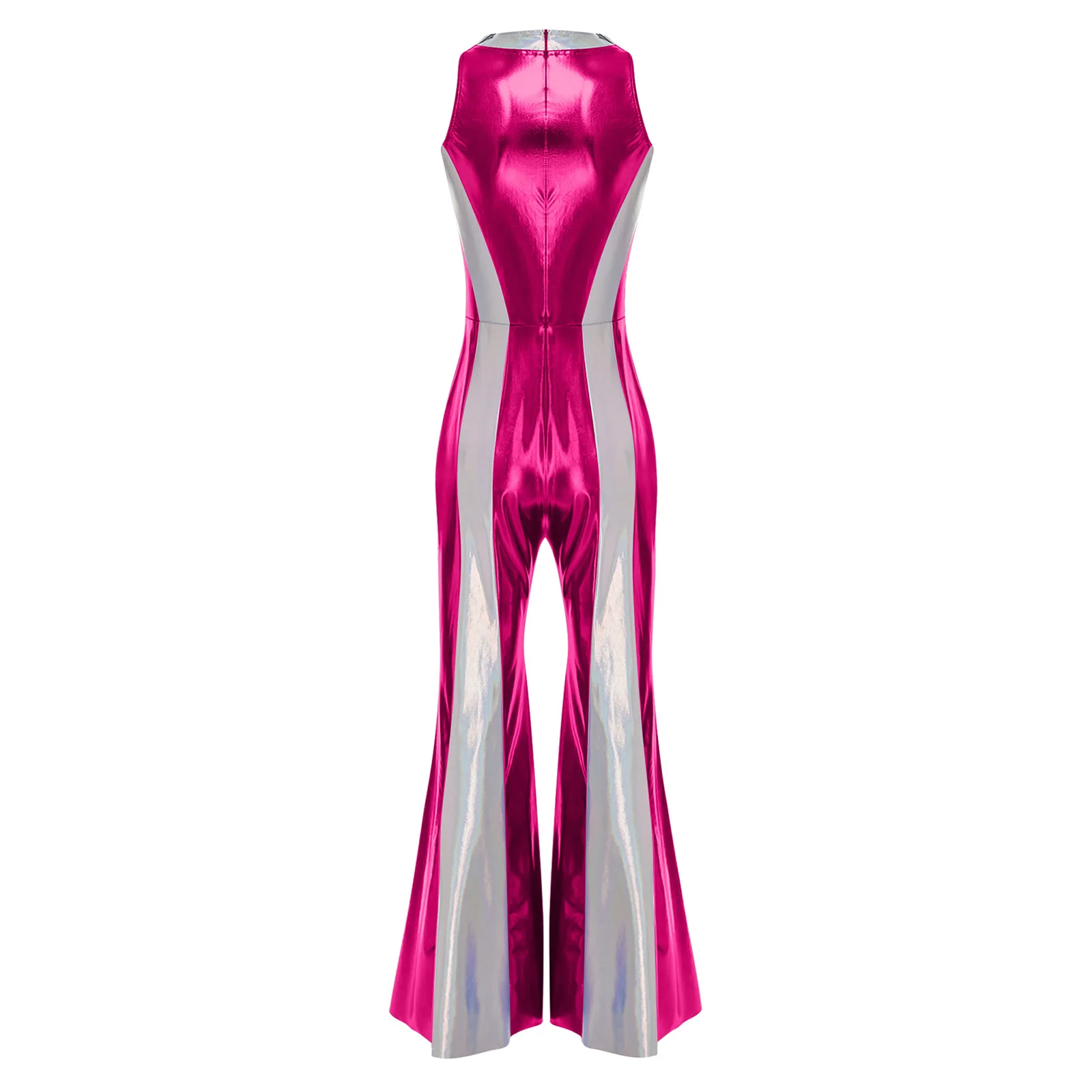 70 80s Disco Classical Vintage Jumpsuits Women Adults Sleeveless Metallic Shiny Bell-bottomed Pants Rompers for Dance Party