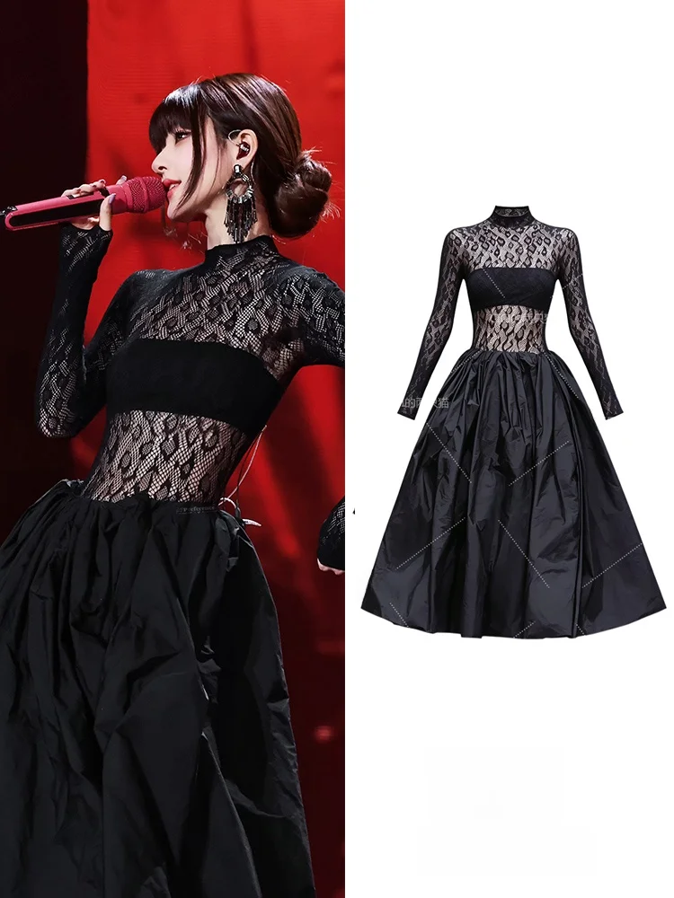 Black Mesh See-through Stage Performance Outfit Set with Puffy Half-length Skirt for Zhao Lusi Concert Pure Desire Style