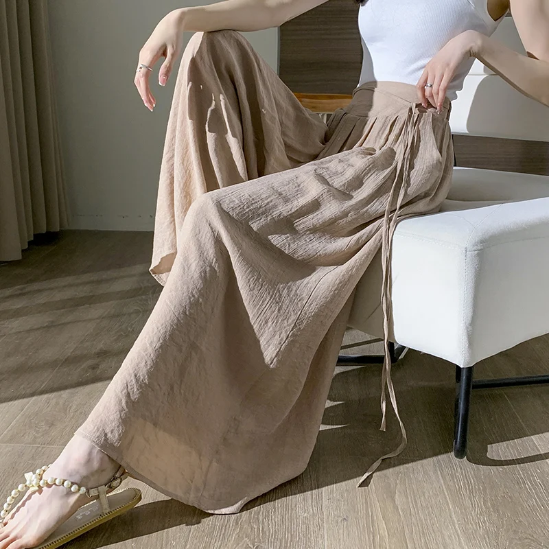 Japan Style Elegant  Cotton Linen Wide Leg Pants Women Spring Summer New Breathable High Waist Loose Pleated Women\'s Trousers