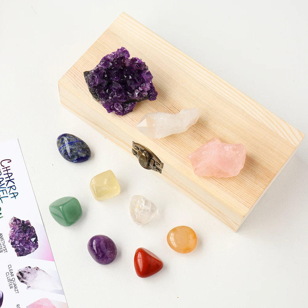 Natural Healing Crystal Set Amethyst Cluster Carnelian Rose Quartz Rough Stone Wooden Box Set For Witchcraft Supplies Home Decor