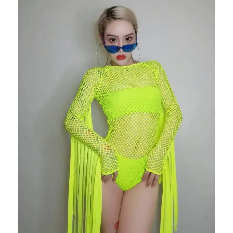 Cosjie ジャズダンス衣装ネオングリーンタッセルジャンプスーツナイトクラブゴーゴーダンサーステージヒップホップの服 Dj スーツ女性絶賛ボディスーツ