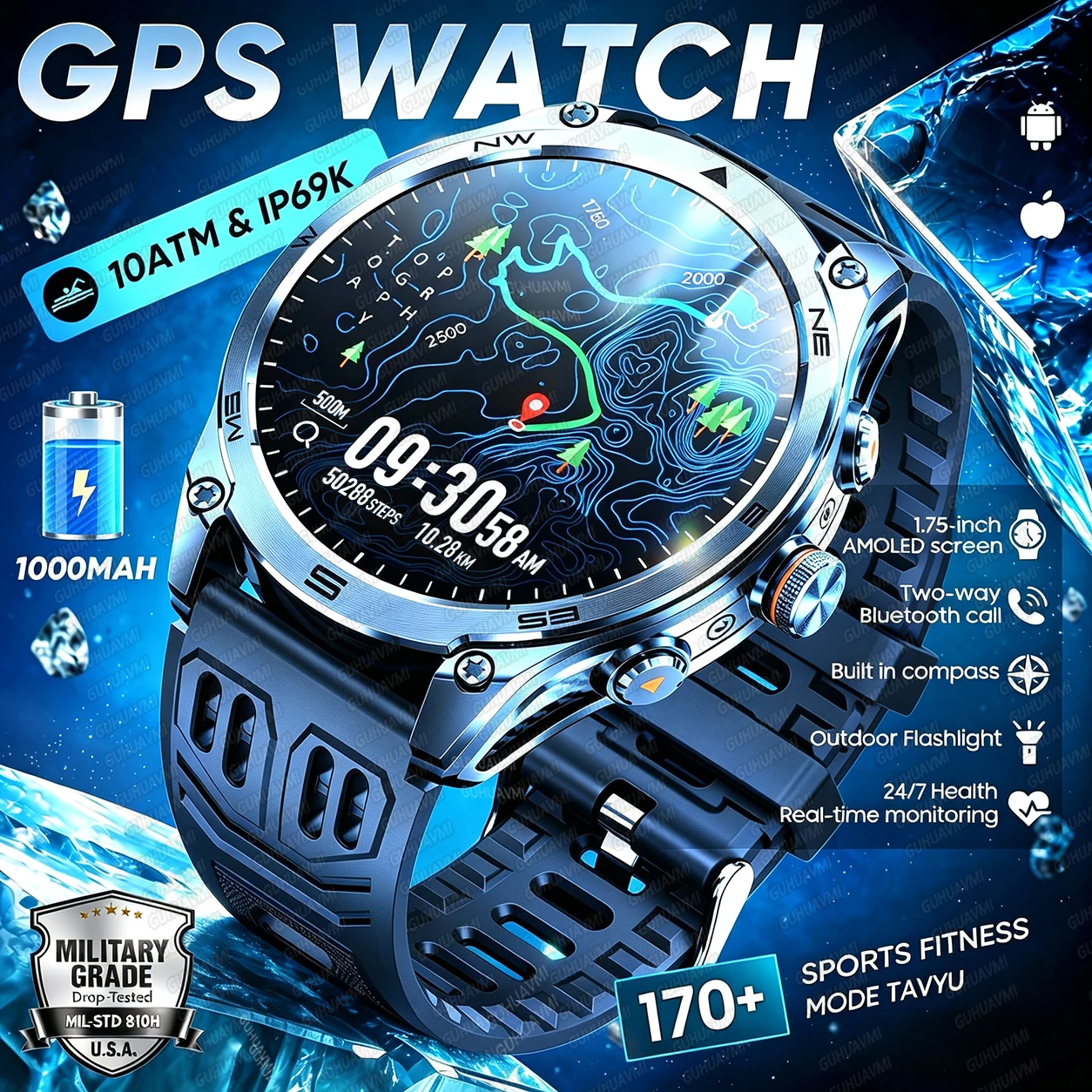 2026 New Advanced GPS Military Smart Watch Men 1.75