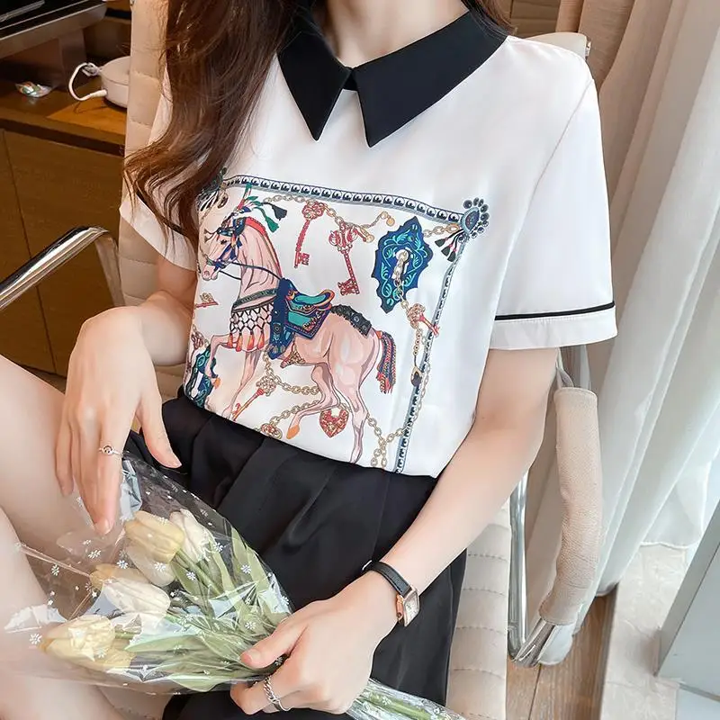 بلوزات شيفون مطبوعة بياقة بيتر بان ملابس نسائية لصيف 2025 قمصان جديدة فضفاضة بأكمام قصيرة غير رسمية قمصان أنيقة