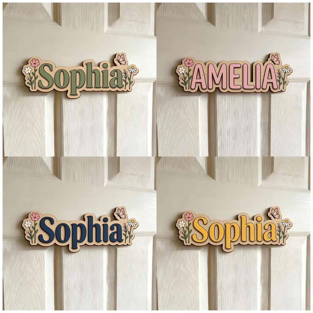 Personalized Floral Butterfly Wooden Name Sign Custom Kids Name Plaque 2D Wood Cutout Nursery Door Sign Children Bedroom Wall De