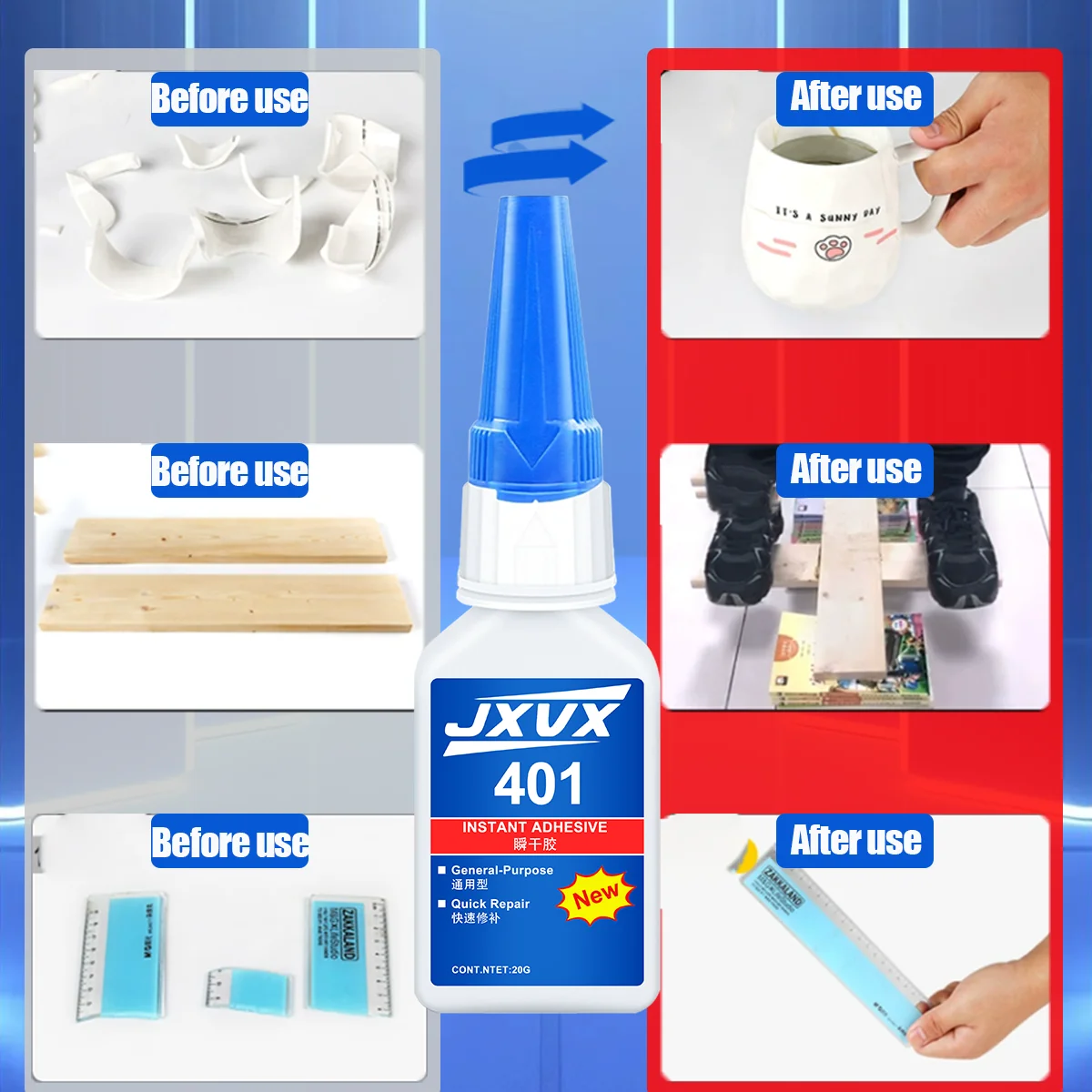 401 Handgefertigter DIY-Mehrzweck-Sekundenkleber Cyanacrylat-Klebstoff 20 g Sofortiger Schnellkleber Leder Gummi Holz Glas Metall Stärker Alle Verbindungen Extra starkes Klebewerkzeug Mit Spender.