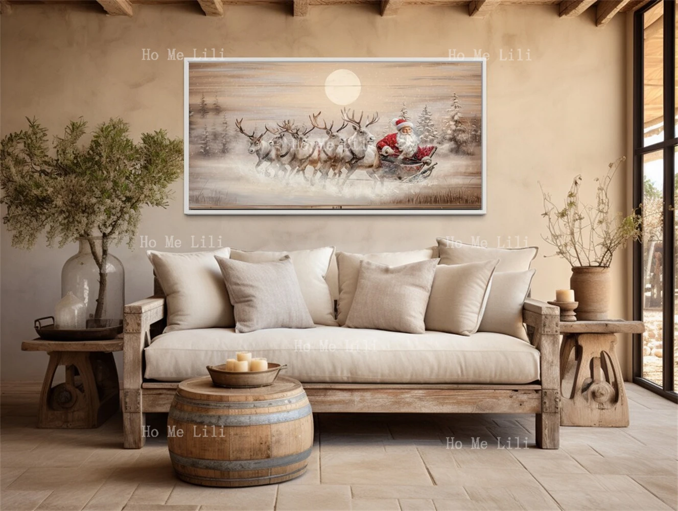 Farmhouse Christmas Eve Wall Art Santa Claus In Sleigh With Reindeer Painting Canvas Over Mantel Decor