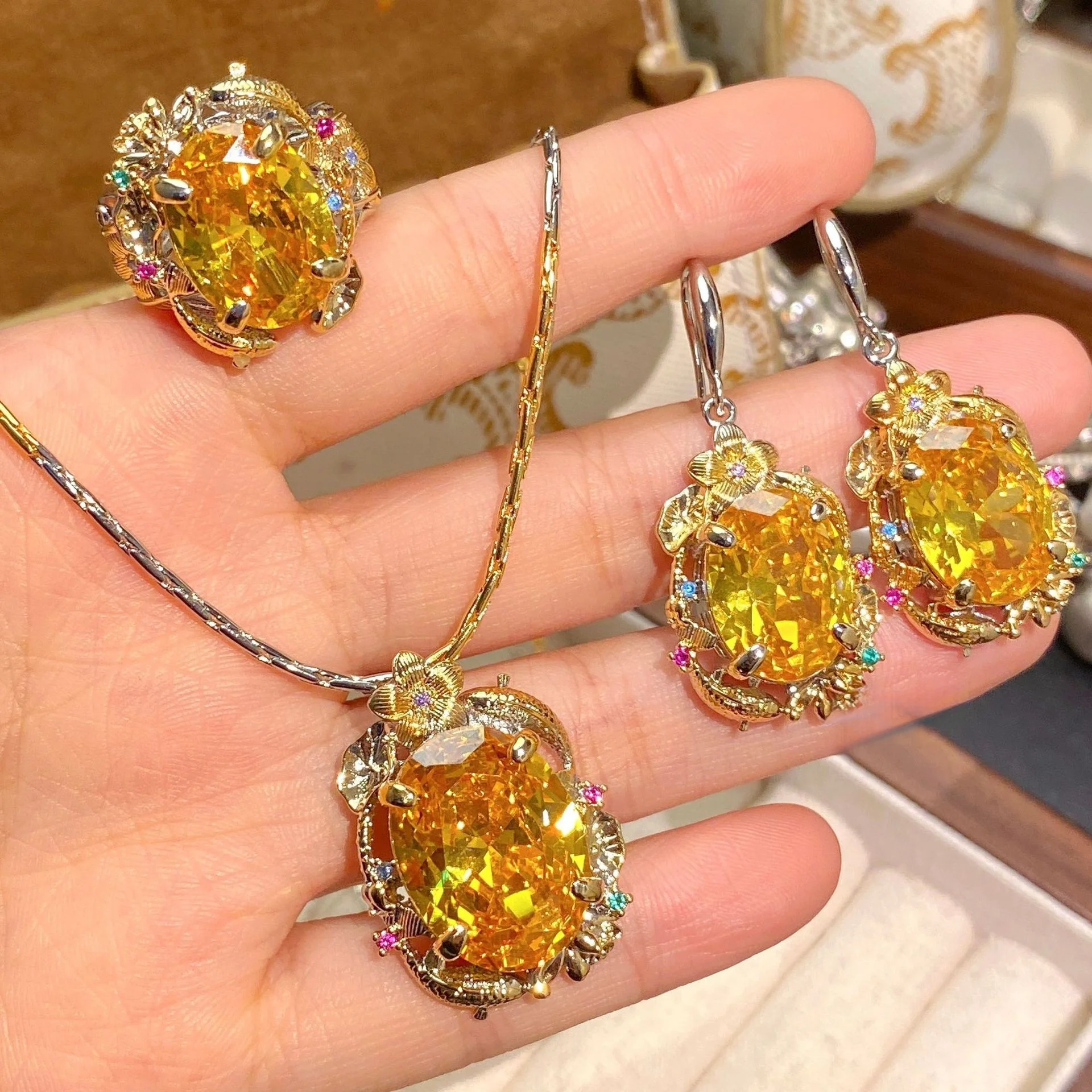 925 Sterling Silver Retro Court Style Double Fish Playing with Lotus Colored Gemstone Lotus Leaf Jewelry Set for Women