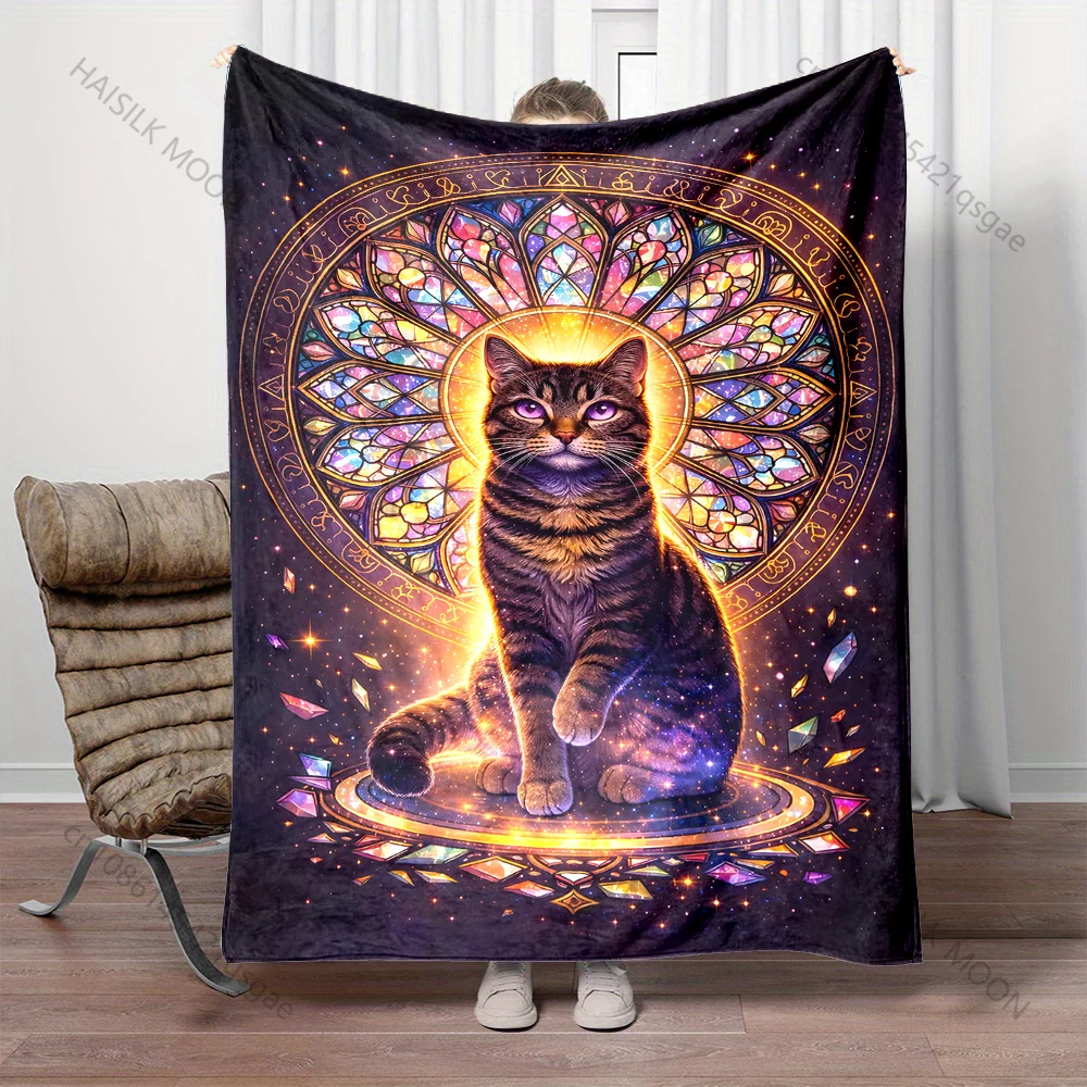 Multiple sizes Cat with stunning stained glass print blanket adult children warm for home travel soft and comfortable blanket