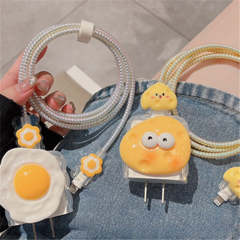 

Cute cartoon fried egg cheese four-piece set for Apple iphone15promax data cable protection cover iPhone18W/20W/35W charger