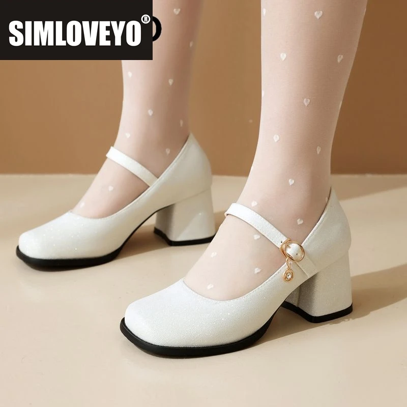 

SIMLOVEYO Брендовые женские туфли-лодочки с квадратным носком на массивном каблуке 6 см, лаконичные повседневные мягкие дышащие женские туфли с пряжкой и ремешком, большие размеры 42 43