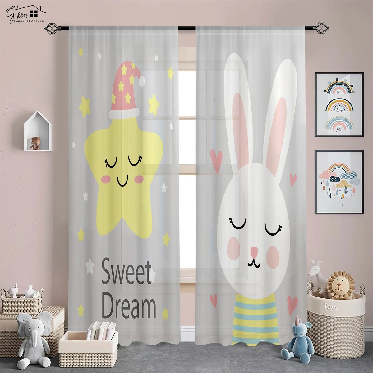 

Easter Cartoon Decorative Curtains Rabbit Carrot Balloon Flowers Living Room Bedroom Children's Festival 3d Printing Curtains