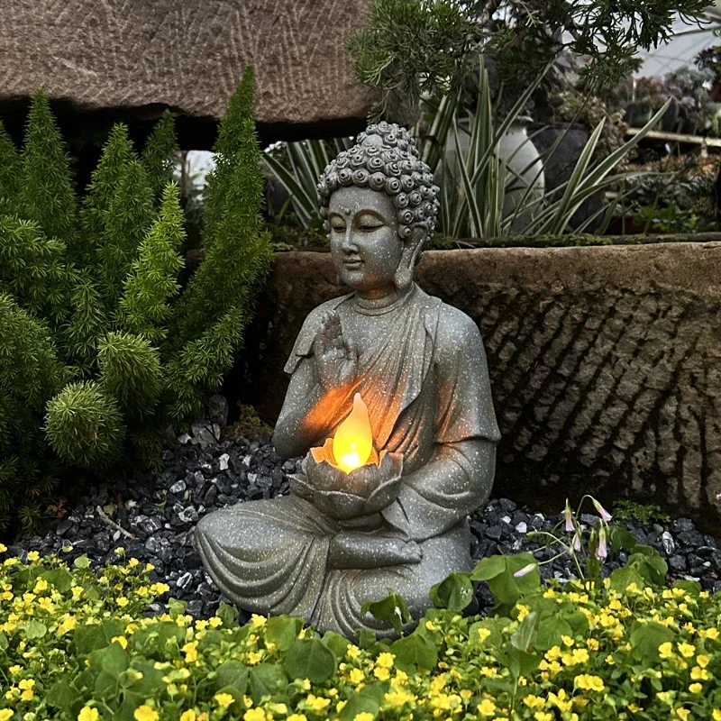 

Chinese Style Buddha Statue Zen Resin Ornamen with Solar Light Outdoor Garden Sculpture for Courtyard/Villa Landscape Decoration