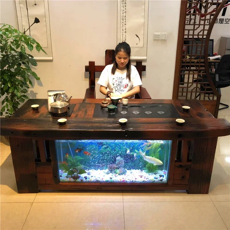 Table-Chair Set Old Ship Wood Multi-Functional Water Fish Tank Tea Table Tea Set New Chinese Glass Zen Simple