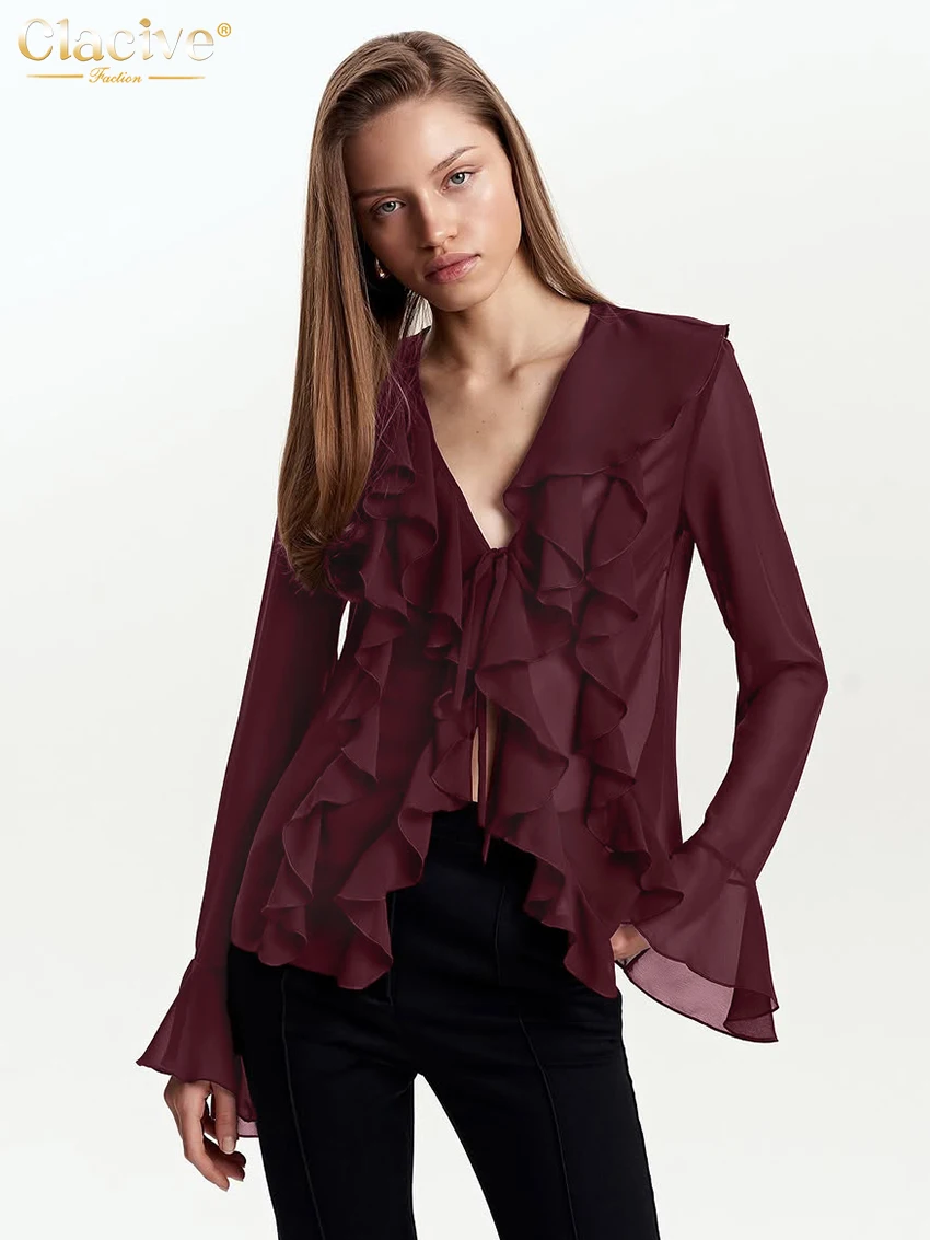 Clacive Sexy Loose Black Women's Shirt 2025 Fashion V-Neck Long Sleeve Shirts Elegant Classic Ruffle Lace-Up Top Female Clothing