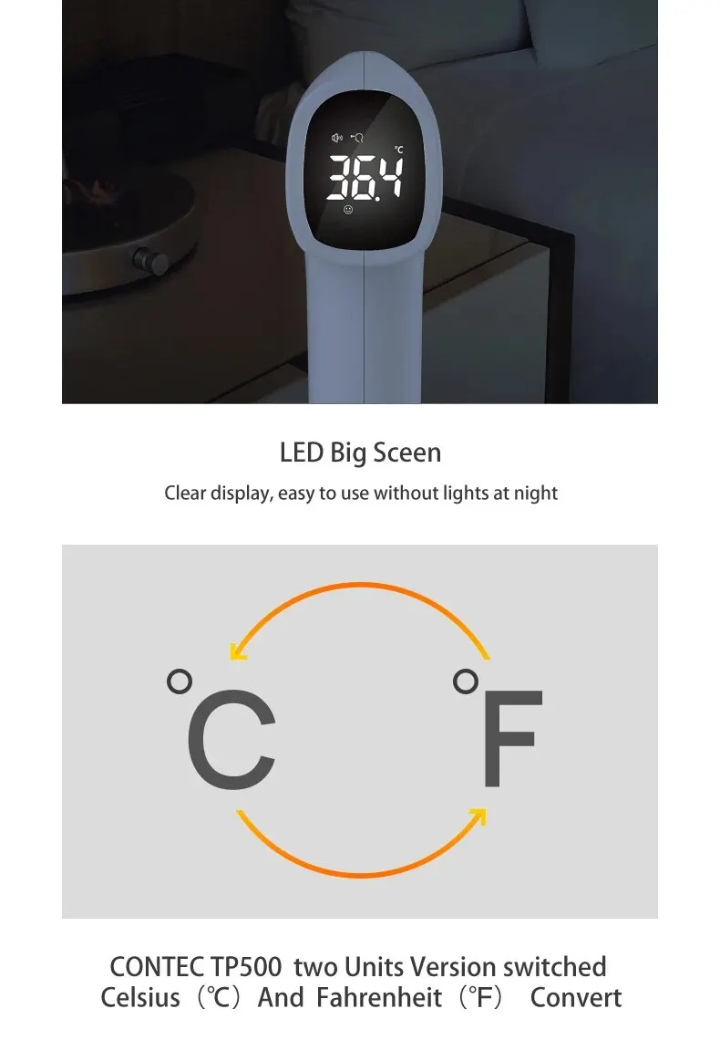 Contec Digitale Infrarood Voorhoofdthermometer Leidde Contactloze Temperatuurmeting Volwassene