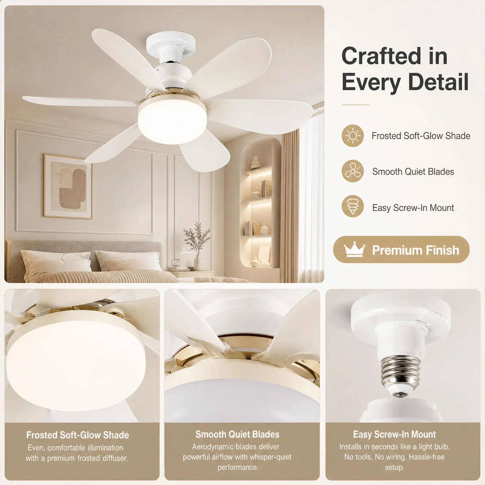 White Ceiling-Mounted Fan Light, 40W Silent LED Model, Compatible with E26/E27 Lamp Bases, Comes with Remote Control for Home