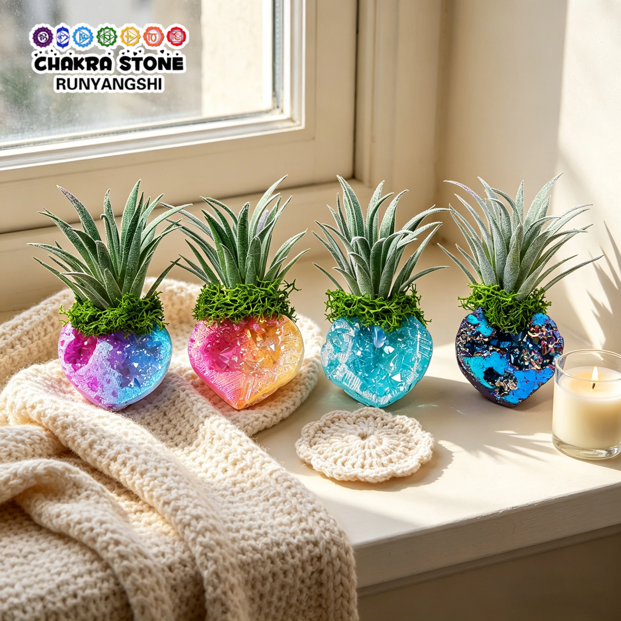 3pcs Natural Crystal Electroplated Agate Cave Ornament with Simulated Green Plants, Rough Crystal Craft, Home Decor