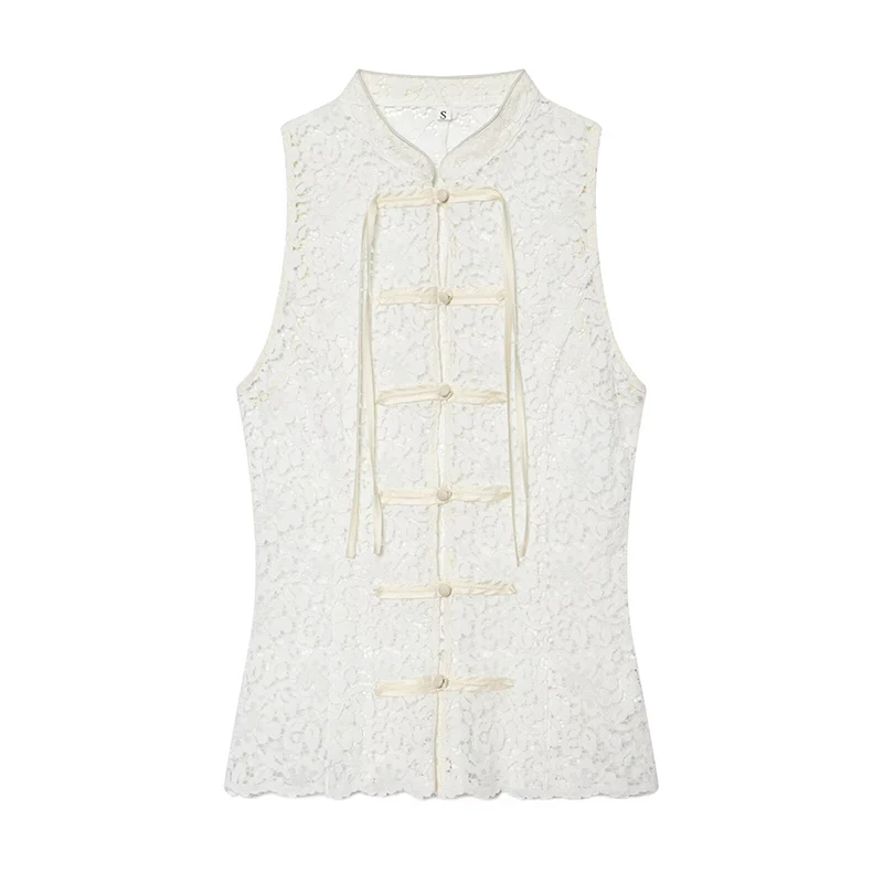 YENKYE 2026 Summer White Lace Vest Women Chinese Style Stand Collar Frog Button Slim Fit Sleeveless Top For Daily Wear