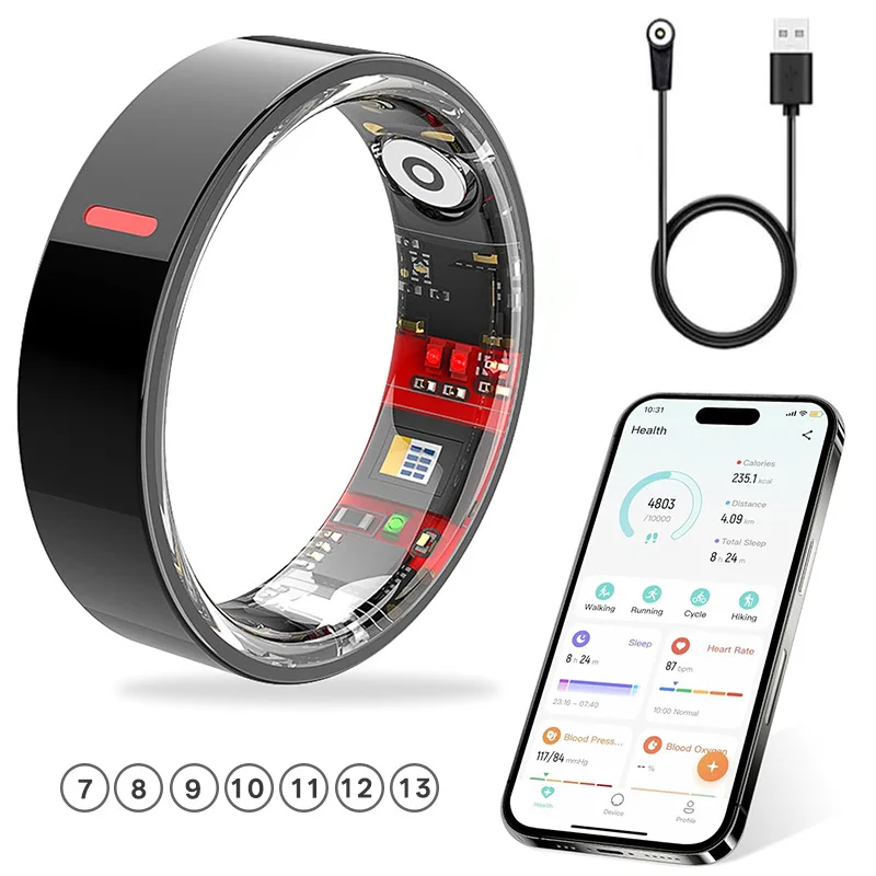 スマートリングは心拍数、血中酸素、血圧、血糖値、睡眠、hrv、健康、歩数計、運動、bluetoothを監視します。