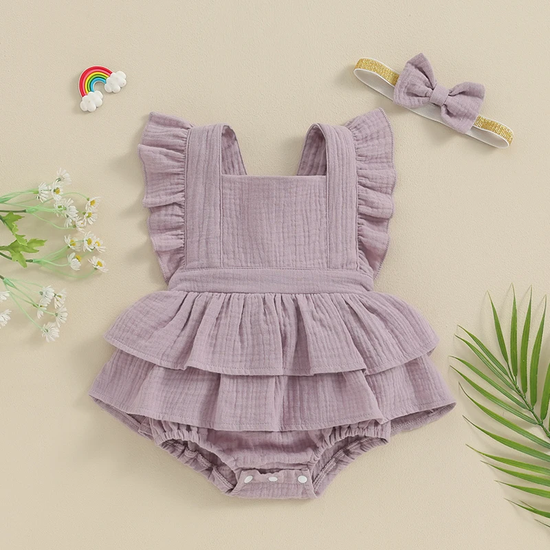 

Baby Girls Rompers Dress Solid Color Square Neck Fly Sleeve Skirt Hem Infant Bodysuits Summer Clothes with Headband