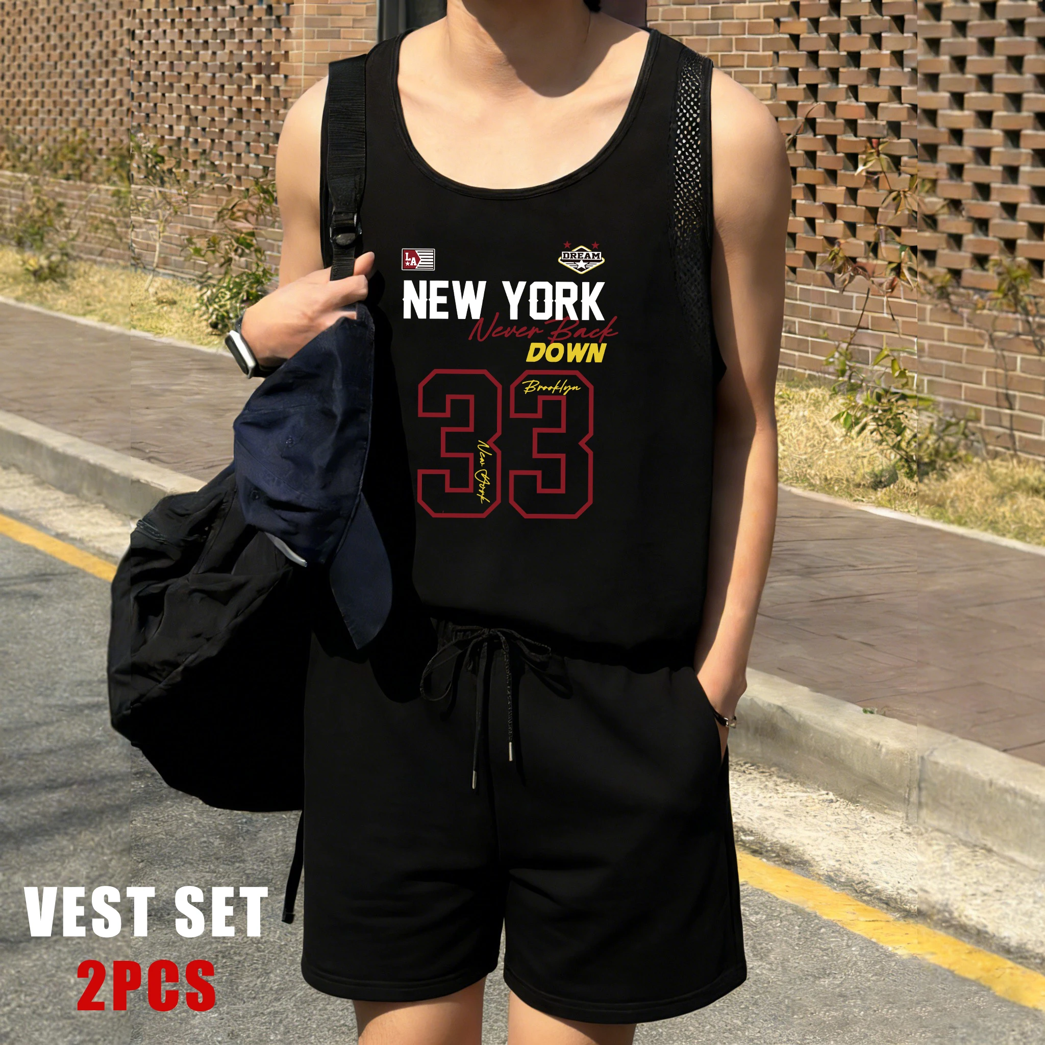 

New York Never Back Down Number 33 Reticular Vest Set Men Fashion Shorts Summer Soft Sleeveless Top Unisex All-Match Sportsuit